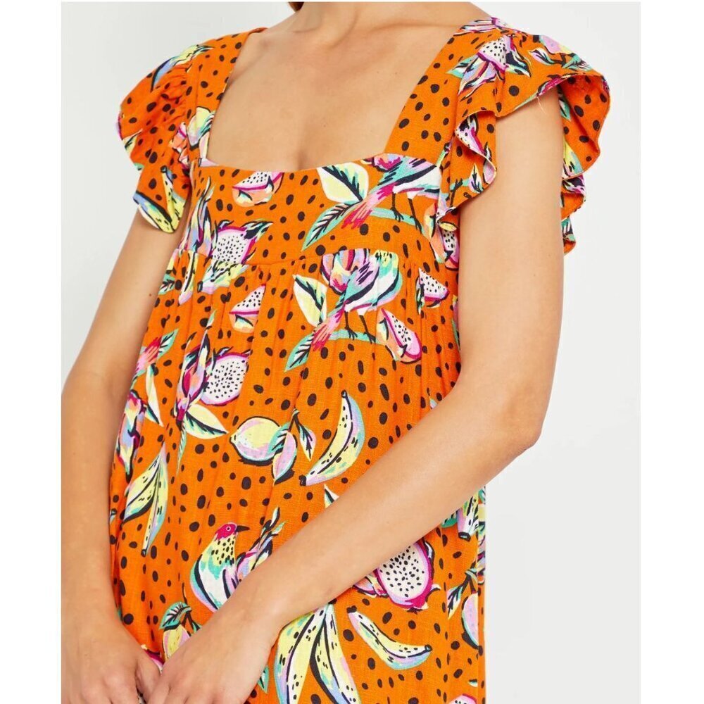 Anthropologie Kourt Aria Linen Tropical Short Dress Pockets Fruit Bird Medium - Picture 3 of 14